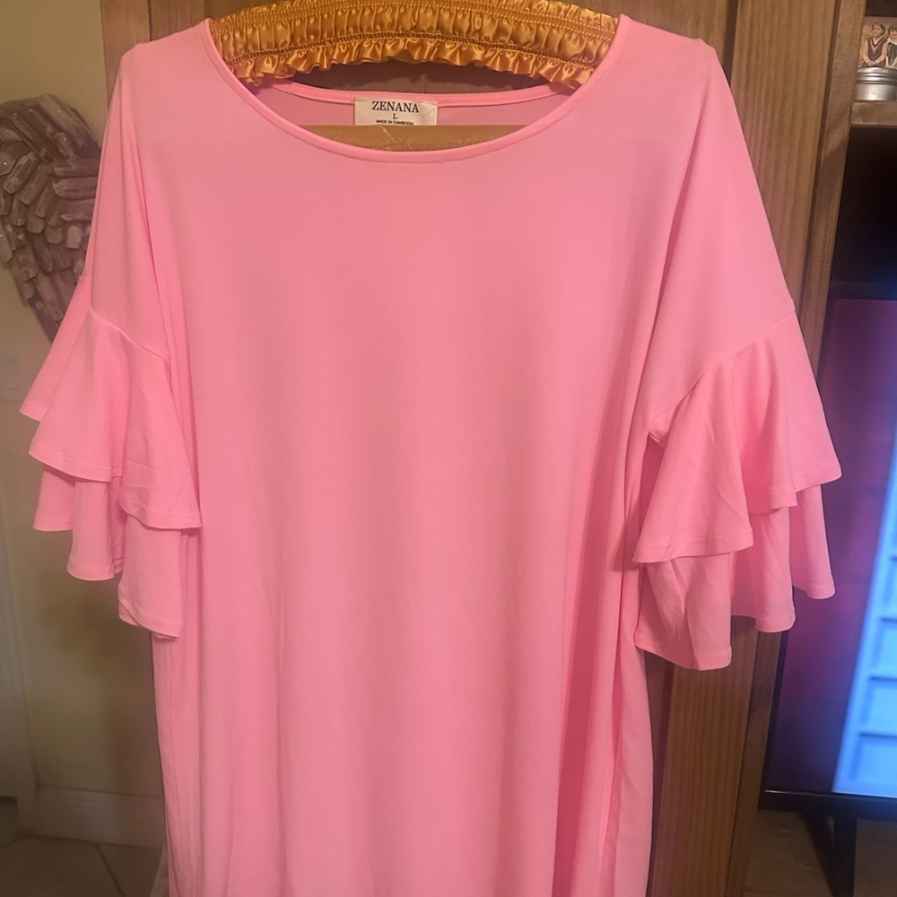 Zenana Outfitters Pink Ruffle Sleeve Tunic